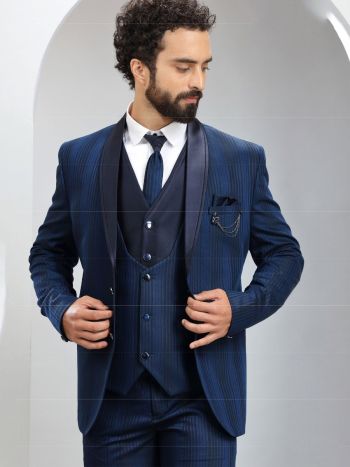 Men Navy Solid Slim Fit Wedding Three Piece Suit